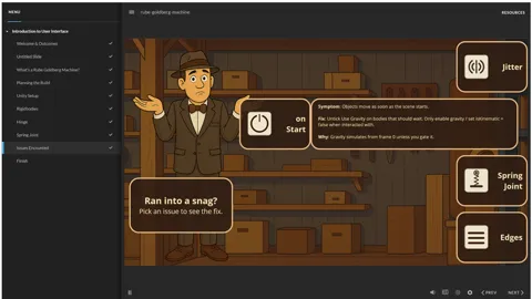 Troubleshooting cards showing the symptom, fix, and cause of common Unity physics problems
